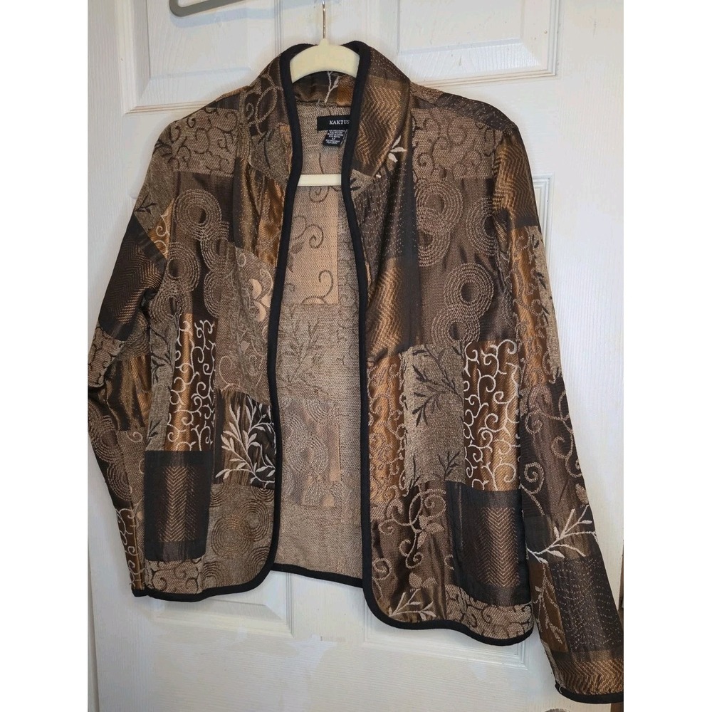 Kaktus Womens M Patchwork Tapestry Jacket Boho Art Wear Open Front Brown Floral